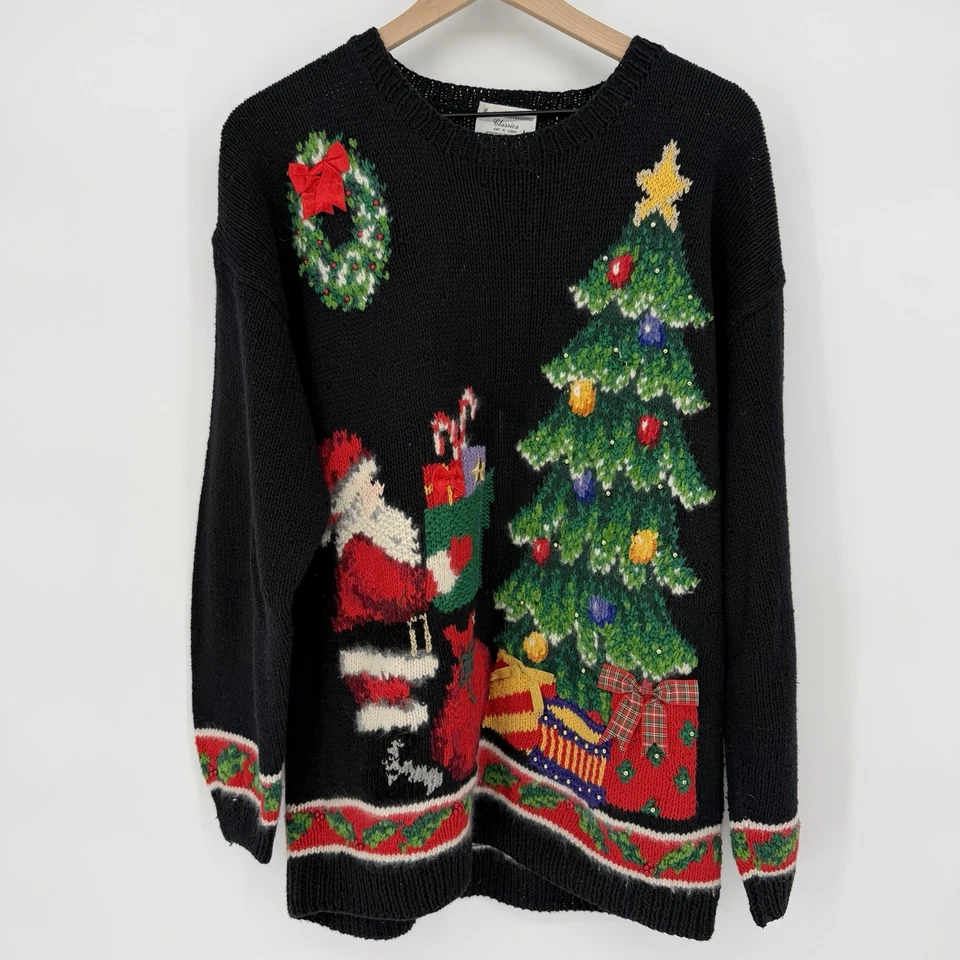Suéter Marisa Christina tamanho XL vintage Natal Papai Noel árvore feriado anos 90 algodão - Imagem 2 de 4