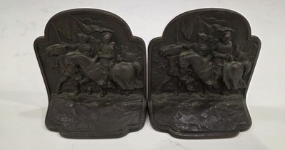 Antique Hubley Cast Iron Bookends-  Scene of Crusader Knights On Horseback 