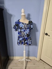 Liz Claiborne Petite Large Blouse Womens Blue Short Sleeve Floral