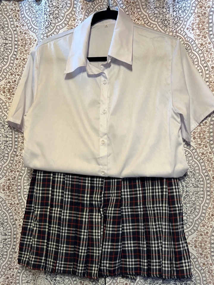 School Girl Geek Costume Set With White Button-Up Shirt Plaid Skirt Red Plaid Bo - Image 2 of 4