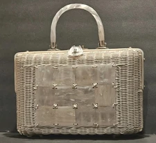 Rare Vintage 1950s/60s Stylecraft of Miami Wicker/Lucite Box Bag Shell Accents