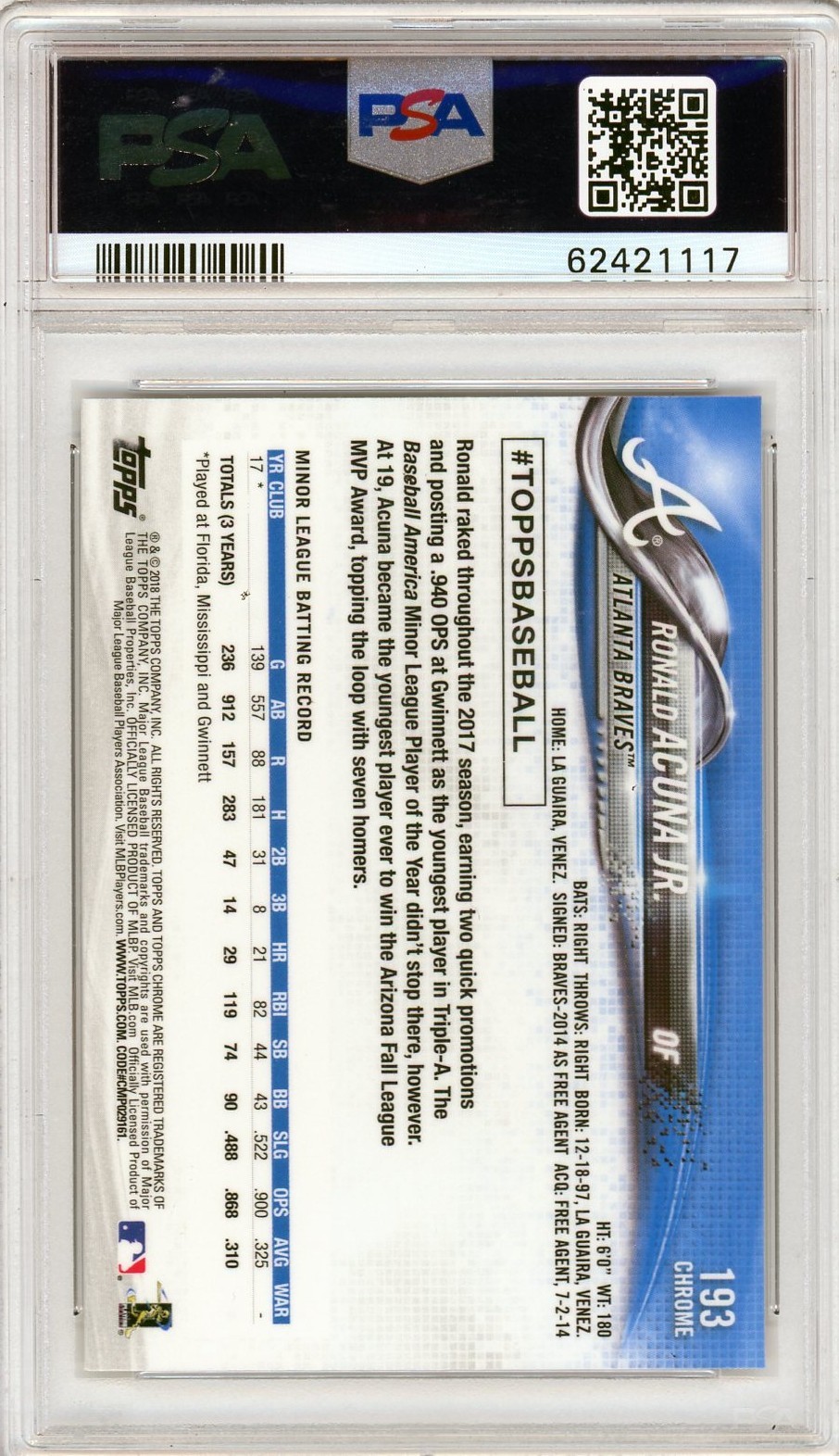 2018 Topps Chrome Ronald Acuna Jr Rookie PSA 10 #193 view 2