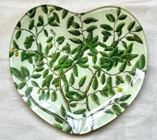 RARE John Derian Company 8" Heart Dish Greenery Branches Signed Decoupage Glass