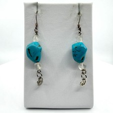 Turquoise Look Nugget Clear Bead Peace Sign Dangle Earrings Mixed Metal Boho