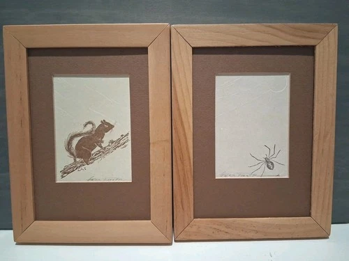 2 SIGNED GWEN FROSTIC Block Print Spider & Squirrel Matted and Framed 11"x14"