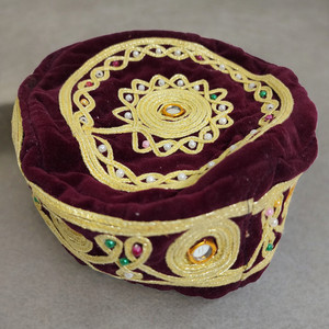 Vintage Maroon Velvet Bukharan Kippah Gold Embroidered Yarmulke Jewish Hat Rare