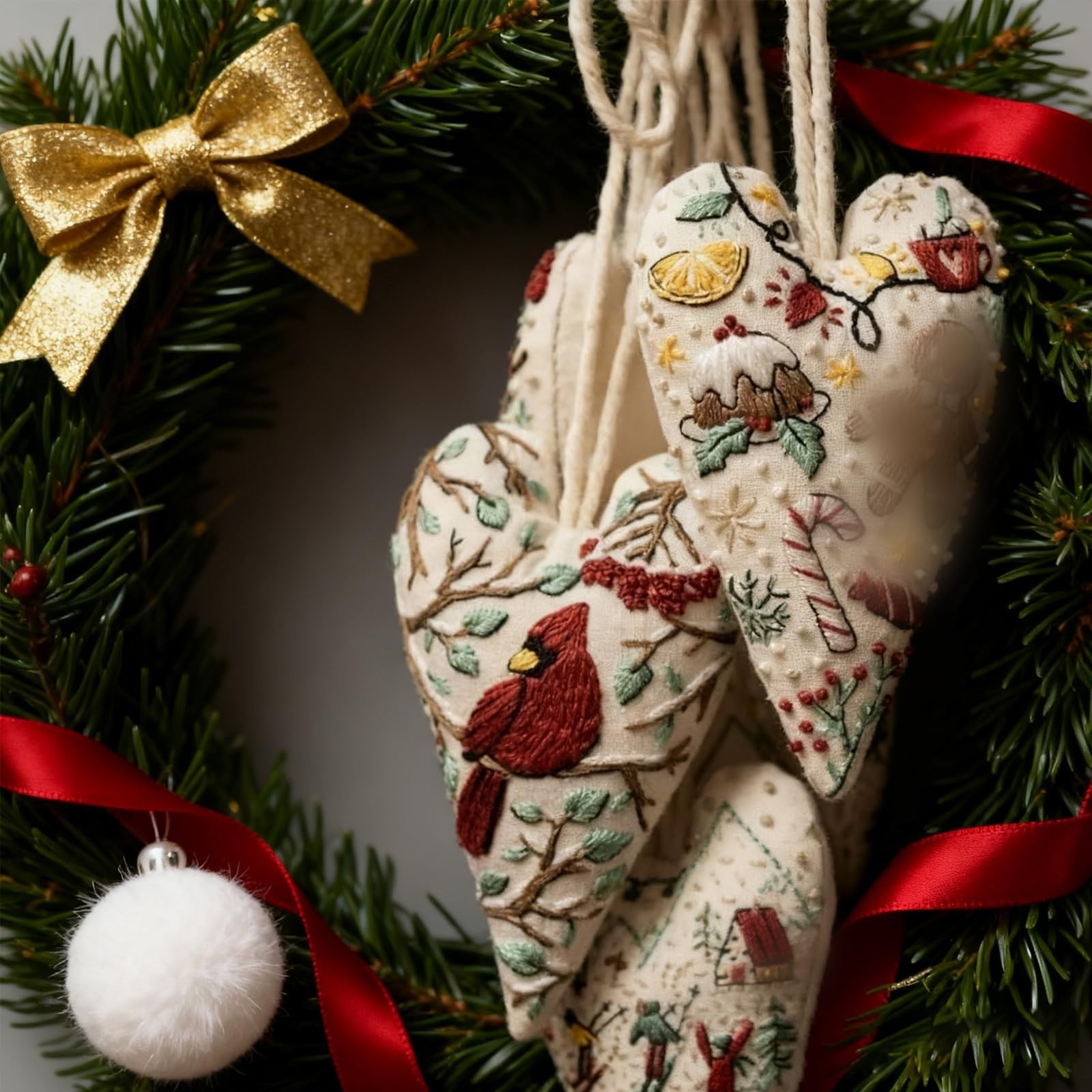 New Embroidery Christmas Ornament Kits, DIY Heart Shaped Hand Embroidered Chr...