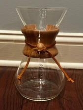 Chemex Pour Over Coffee Maker Eight Cup Wood Collar Leather Glass Classic 9"