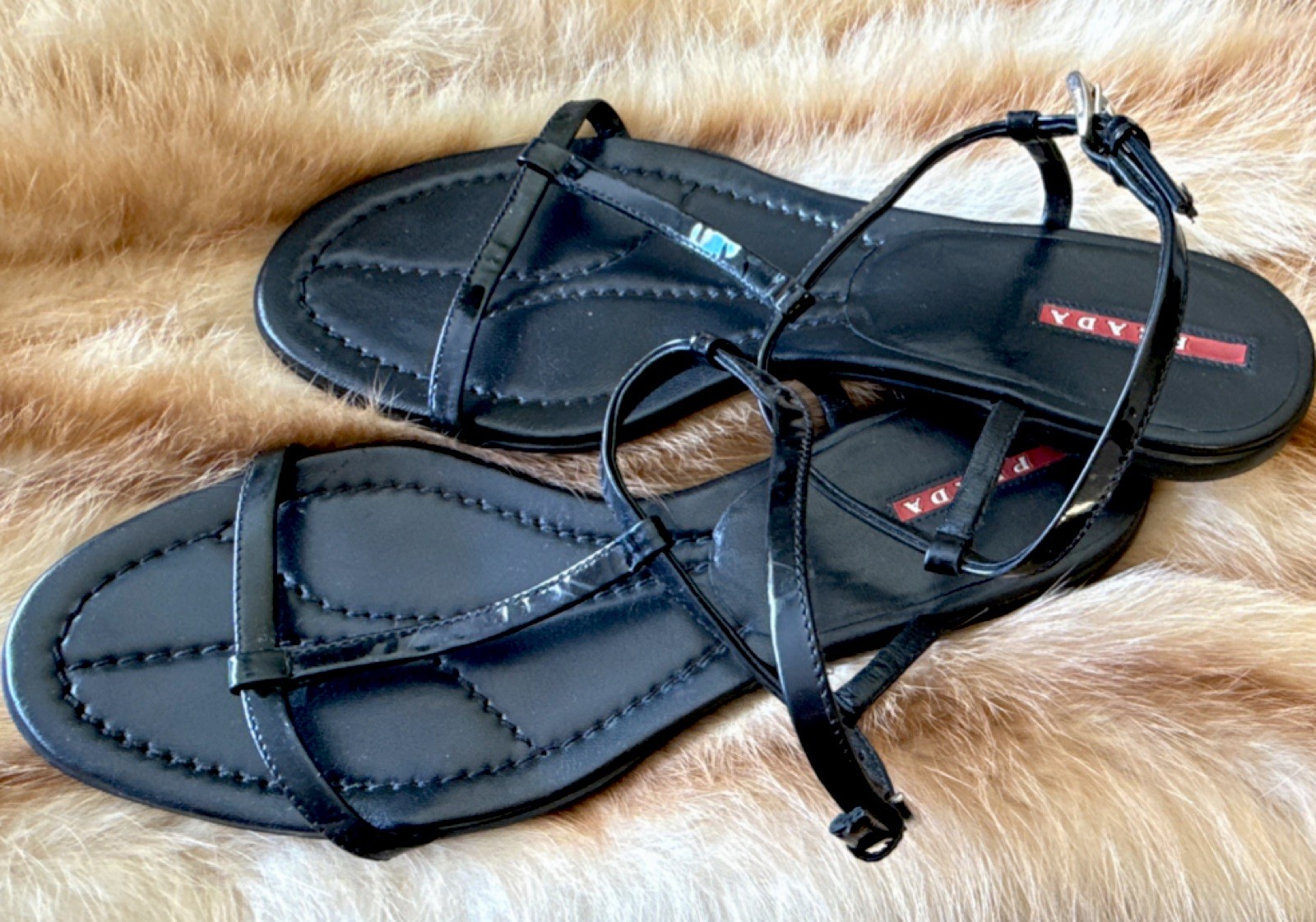 PRADA Women's Black Leather Strappy Sandals Logo Buckle Casual Summer