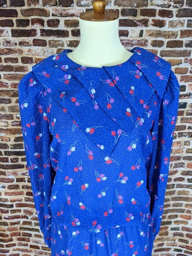 Vintage 80's Dress Blue Polka Dot Print Tulips Flower Size 7 8 M Long Sleeves - Picture 4 of 10