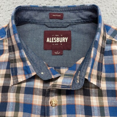 ALESBURY Shirt Mens Large Plaid Button Up Short Sleeve Linen Cotton Regular Fit
