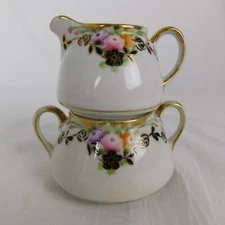 Hand Painted Stackable Cream & Sugar Set Nippon Japan Gold Trim Flowers Colorful