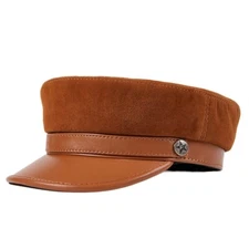 Unisex Men Casual Cadet Army Cap Retro Style Sheepskin Leather Hat Flat Cap