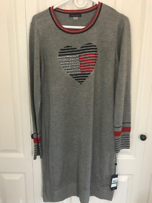 New NWT Tommy Hilfiger Embellished Heart Sweater Dress Size Large Gray Red  Blue