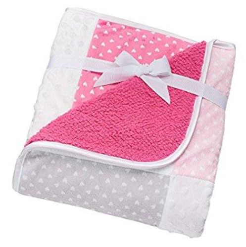 NWT Just Born Pink White Grey Hearts Patchwork Popcorn Dot Sherpa Baby Blanket - Picture 1 of 5