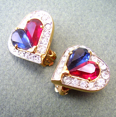 Boucles D'oreilles Valentino Clips En Cœur - Bleu Et Rouge - Occasion Comme Neuf