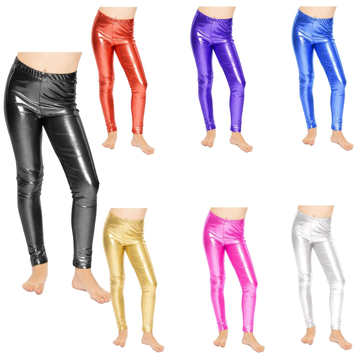 Girls Wet Look Legging Kids Shiny Foil Metallic Dance Leggings Age 5-13 Year