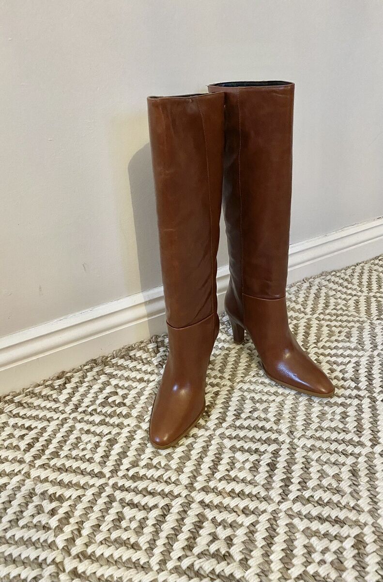 Zara Tan Brown Leather Mid Heel Knee High Boots UK4 EU37 US6 Zara Tan Brown Leather Mid Heel Knee High Boots UK4 EU37 US6