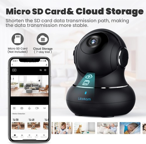 Litokam 2K Indoor Security Camera, 360° Cameras for Home Security Indoor with Mo - Picture 7 of 11