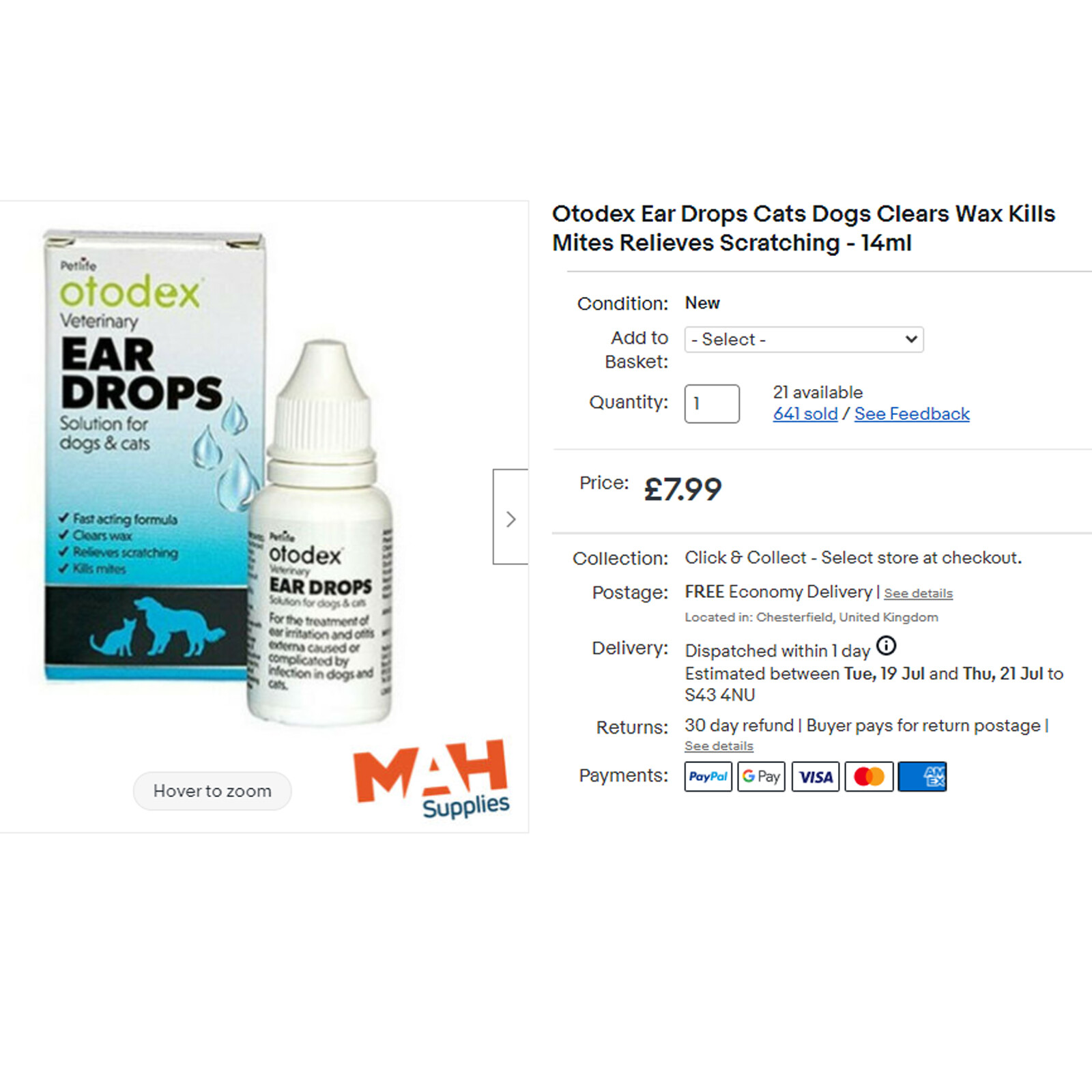Otodex Ear Drops Cats Dogs Clears Wax Kills Mites Relieves Scratching