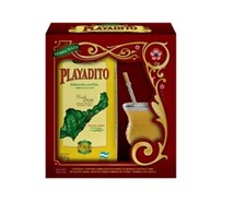 Juego YerbaMate Playadito con Yerba, Taza Mate Cuero y Paja Bombilla Alpaca