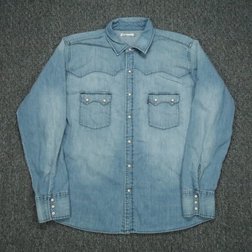 VINTAGE Levis Shirt Mens Extra Large Blue Denim Snap Western Sawtooth Pocket XL