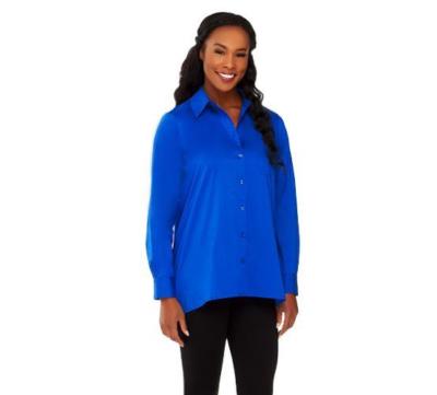 Susan Graver Size 2 Paris Blue Button Front Hi-Low Hem Shirt w/ Pocket