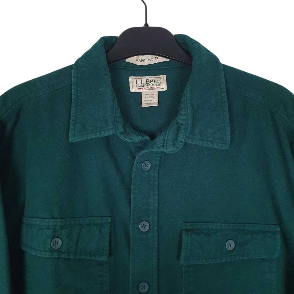 L.L.BEAN Green Shirt Thick Chamois Long Sleeve Cotton Mens L — 第 3/4 张图片
