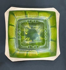 Vintage Green & Yellow Ceramic Ashtray MCM Marked USA 1604
