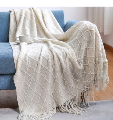 Gestrickte Decke Bett Sofa Wohndecke Überwurf mit Quasten Blau Modern