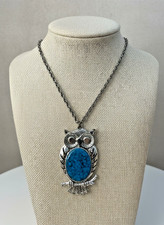 Vintage Owl Pendant Necklace Silver Tone Faux Turquoise Cabochon 3