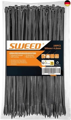 SWEED Kabelbinder schwarz 300mm, UV Beständig, 4.8mm Breite, Zugfestigkeit Bis