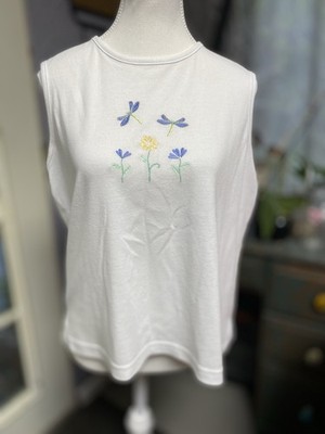 Bon Worth Women s White Tank Embroidered Flower Dragonfly Size SP (T)
