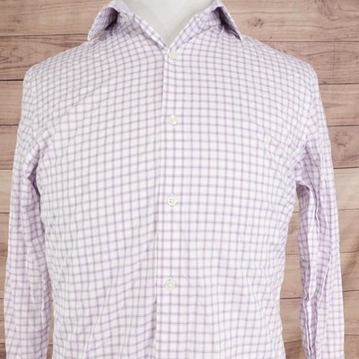 Perry Ellis Premium Dress Shirt Mens 15.5 34/35 Purple Check Slim Fit Cotton