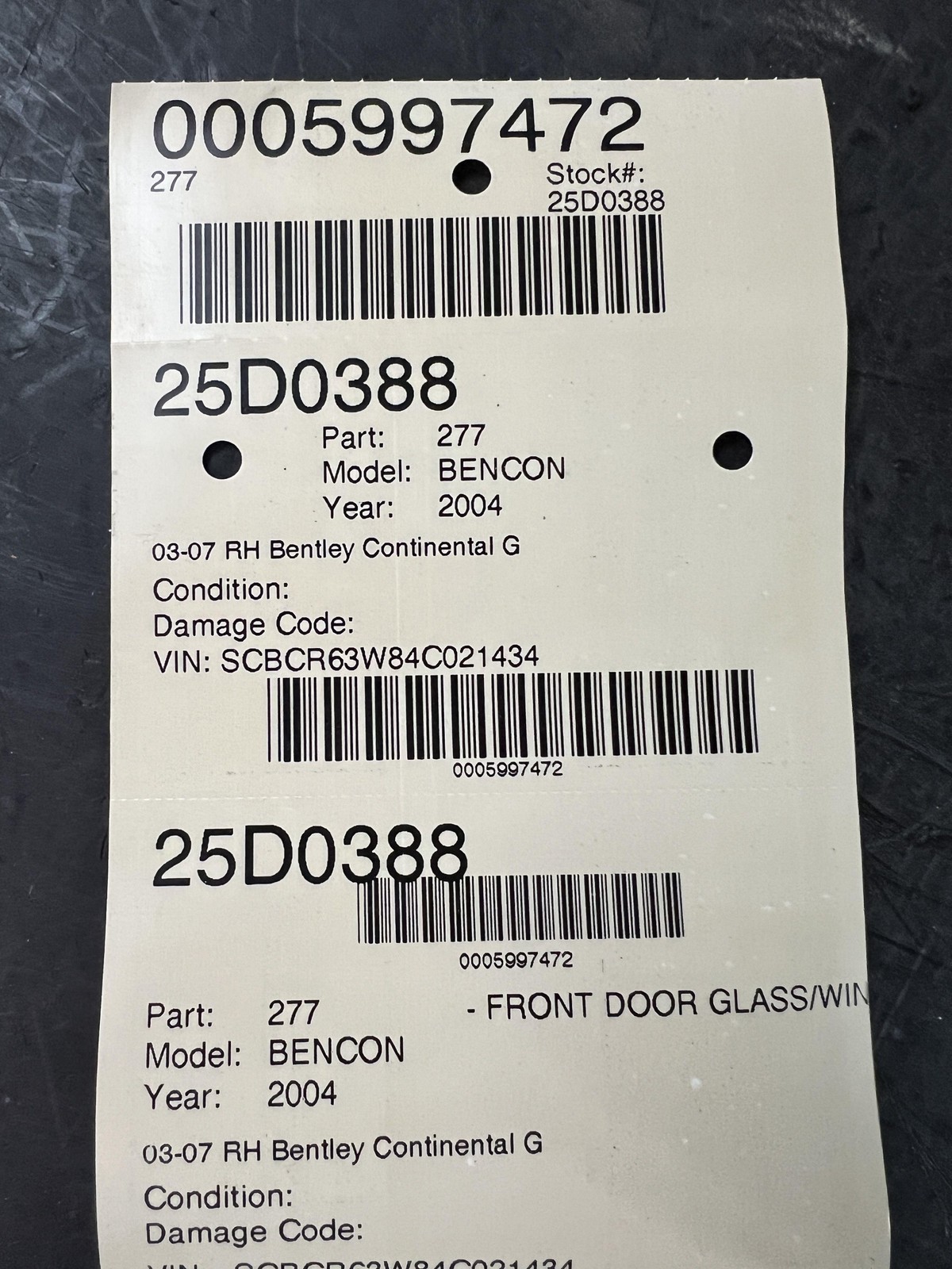03-07 BENTLEY CONTINENTAL COUPE FRONT PASSENGER RH SIDE DOOR WINDOW GLASS OEM