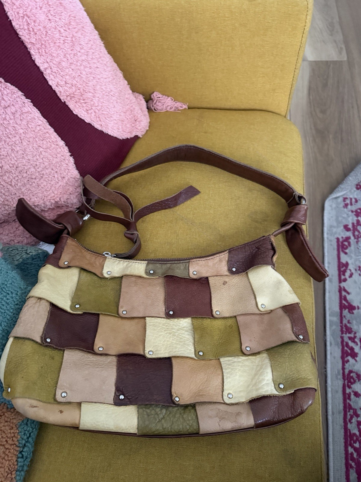 B. Makowsky Patchwork Studded Shoulder Bag Brown … - image 1