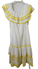LISA MARIE FERNANDEZ M Peasant Sun Dress White Yellow Ric Rac Ruffle Pockets NEW