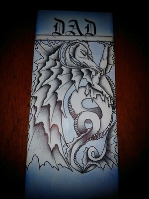 Tattoo Flash Sheet Dragon DAD Lettering Black and White Design Prison Artwork