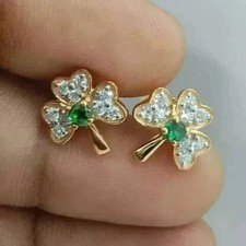 14k Yellow Gold Plated Women's Fancy Stud 1.10Ct Round Cut Lab-Created Emerald