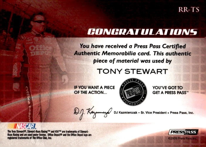 Tony Stewart 2009 Press Pass Fusion Revered Relics Gold #/50 #RR-TS ESE - Image 2 of 2