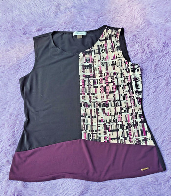 Calvin Klein Women M Sleeveless Colorblock Top Graphic Blouse Purple Black  READ
