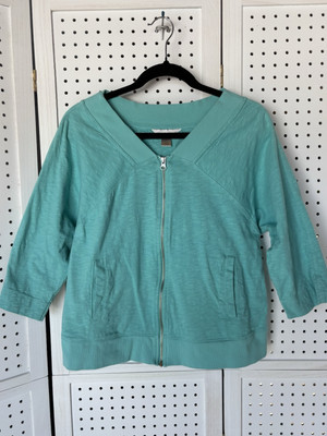 Christopher & Banks Women's M Lightweight Full Zip 3/4 SLV Sweatshirt Aqua Teal