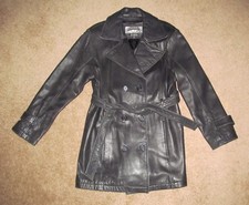 Vtg 1990s PELLE Studio WILSONS Black leather Double breasted coat belt UNISEX L