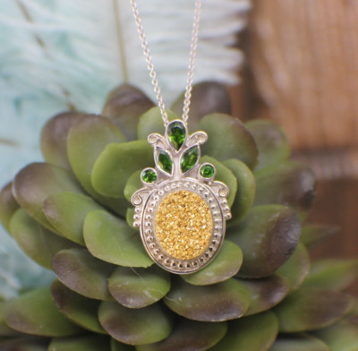 925 Sterling Silver Druzy Chrome Diopside Gemstone Pineapple Pendant 18'' Chain