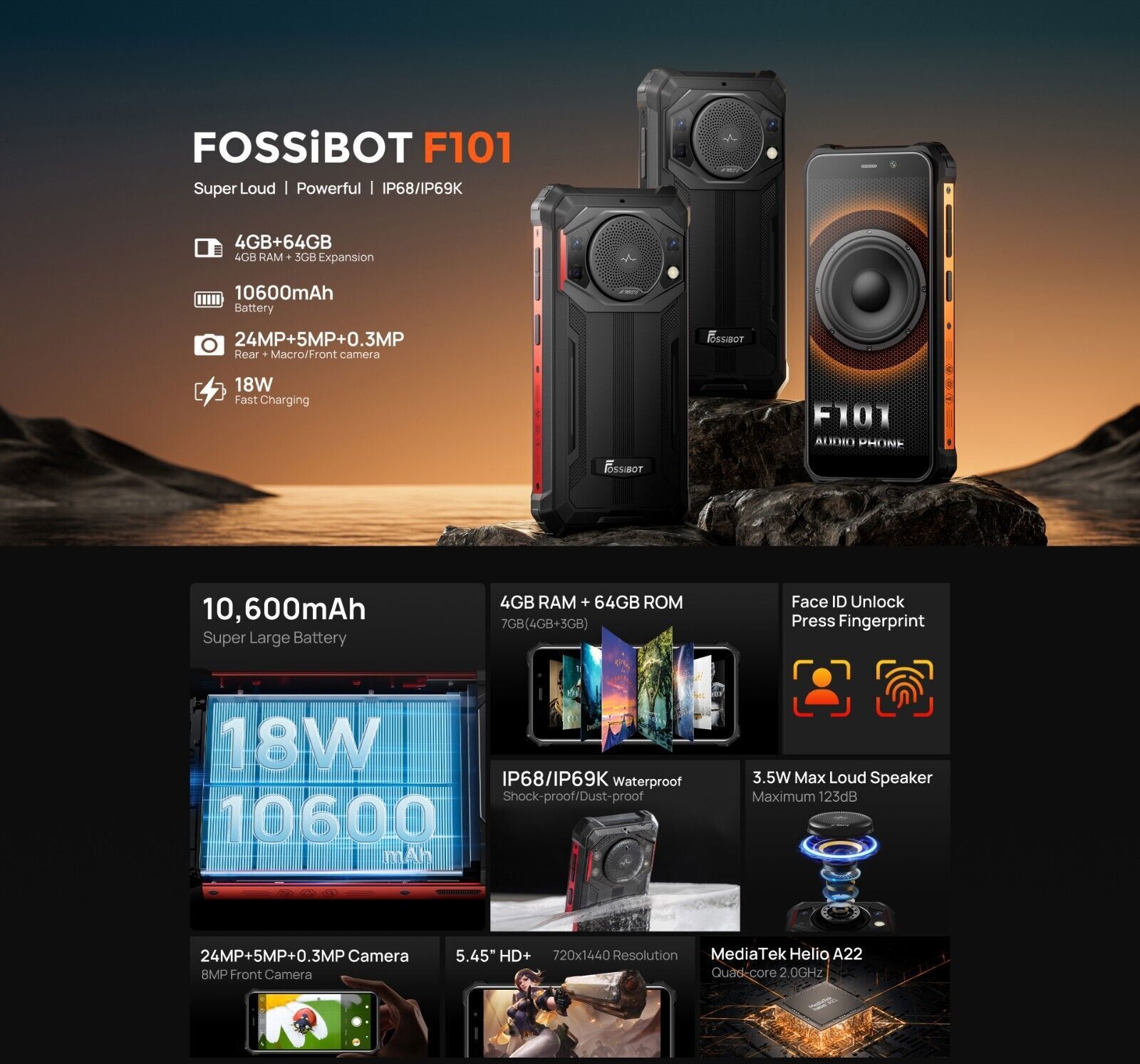 FOSSiBOT F101 Android 12 Rugged Smartphone 10600mAh Dual 4G Unlocked