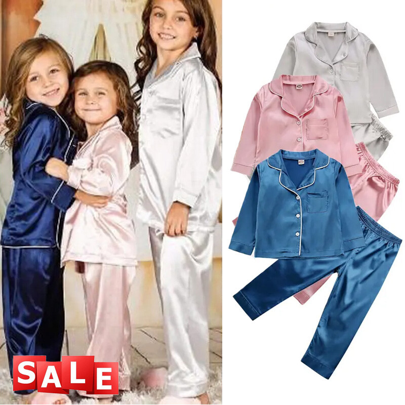 Kids Boy Girl Pyjamas Set Nightwear Pjs Satin Silk Sleepwear Top