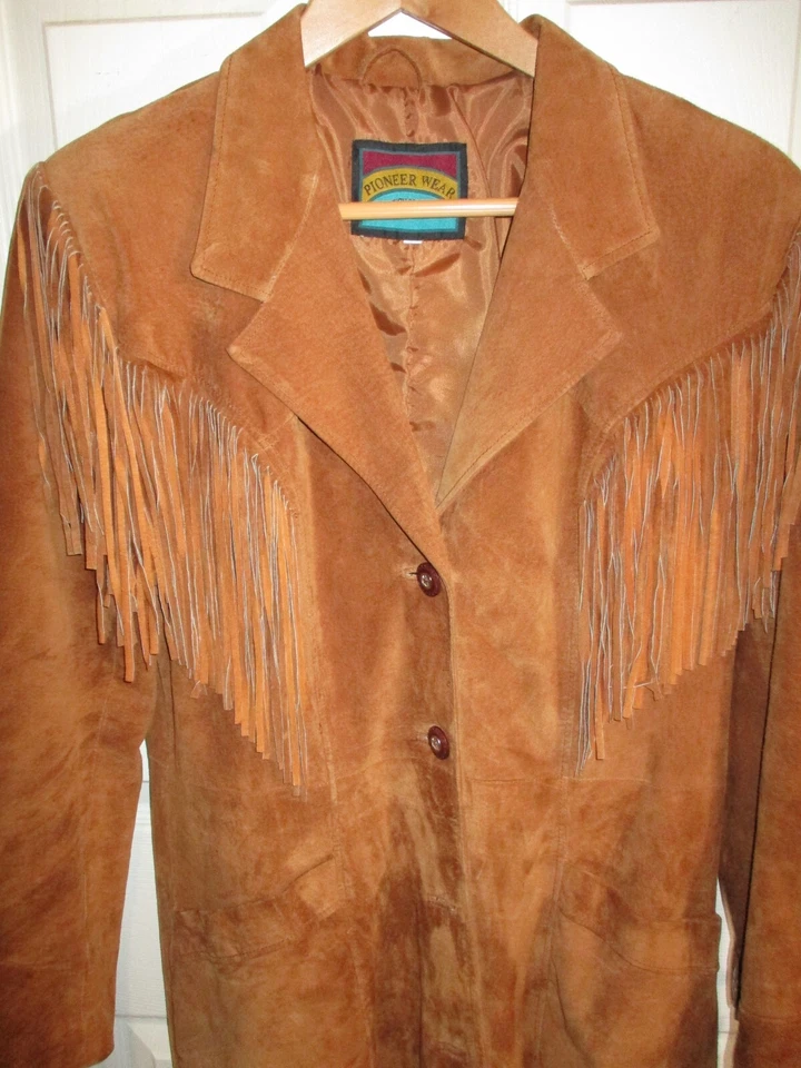Vintage Pioneer Wear Western Leather Fringe Duster Jacket Chestnut Womens M-L - Image 3 of 4