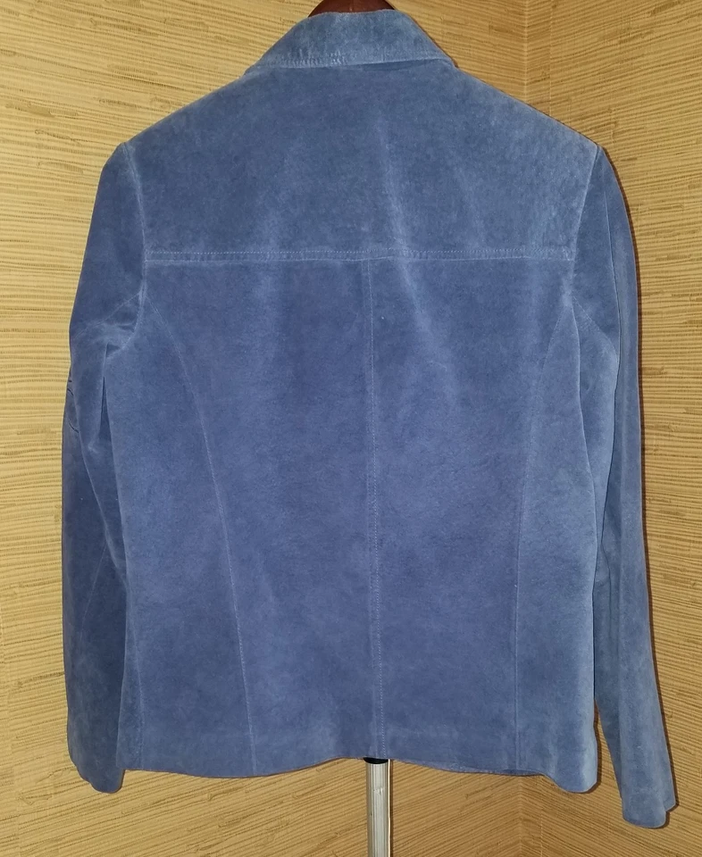 Chaqueta de cuero Norm Thompson para mujer pequeña azul gamuza botón delantero con costura Foto 2 de 4