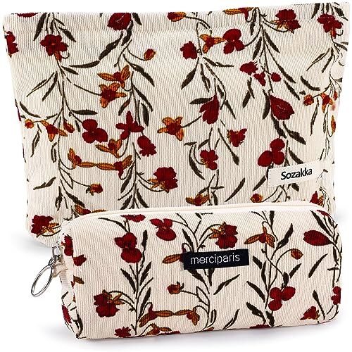 2Pcs Cute Floral Makeup Bag Set for Travel Cosmetic Storage in Red