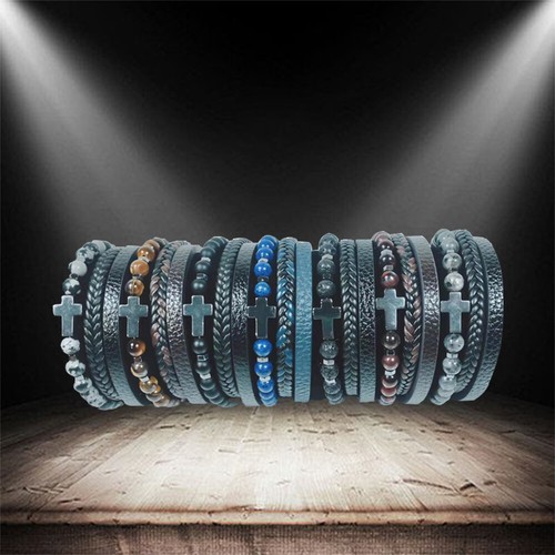 Men's Cross Leather Braided Bracelet Tiger's Eye Stone Bracelet Cuff Bangle Gift - Picture 3 of 24